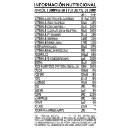 Información nutricional del Multi Vitamina x60 de Star Nutrition