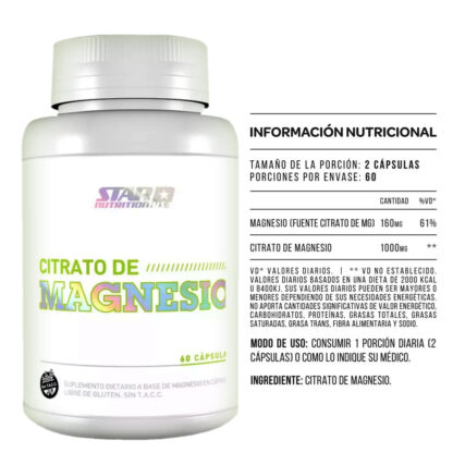 Información nutricional del Citrato de Magnesio de Star Nutrition x 60 cápsulas