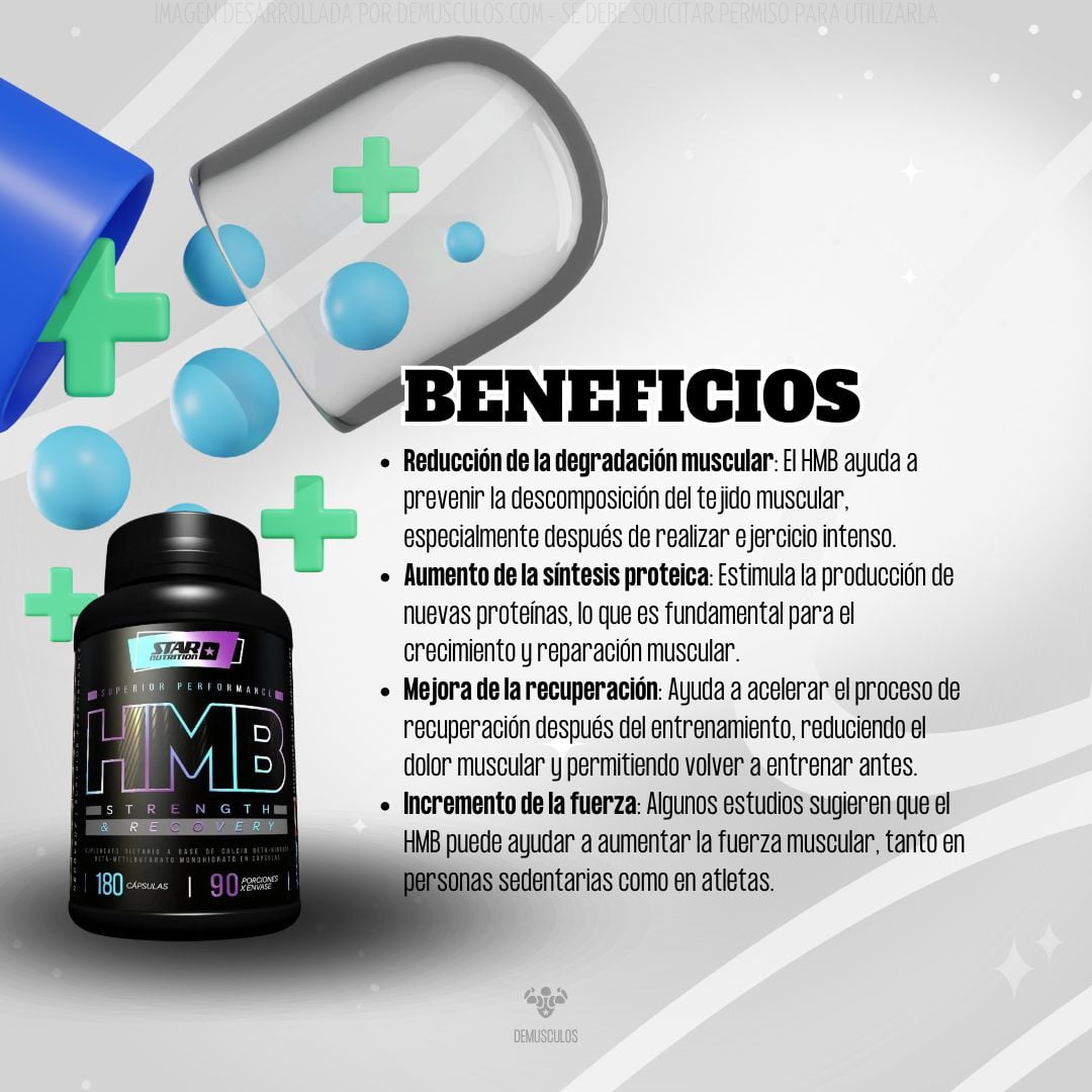 Beneficios de HMB de Star Nutrition en cápsulas.