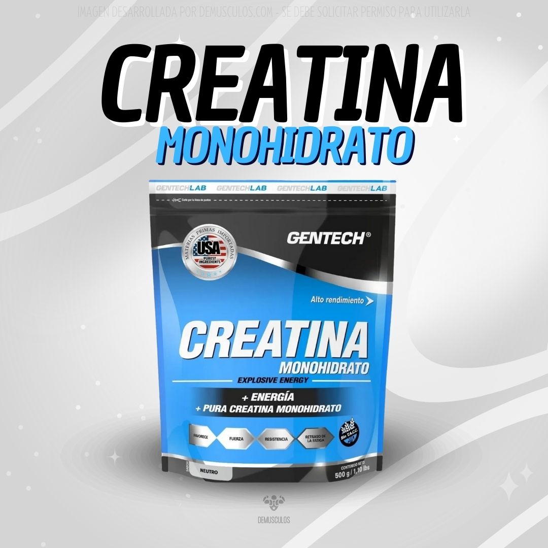 Creatina 500 grs (100 tomas) de Gentech. Monohidrato y sin sabor.