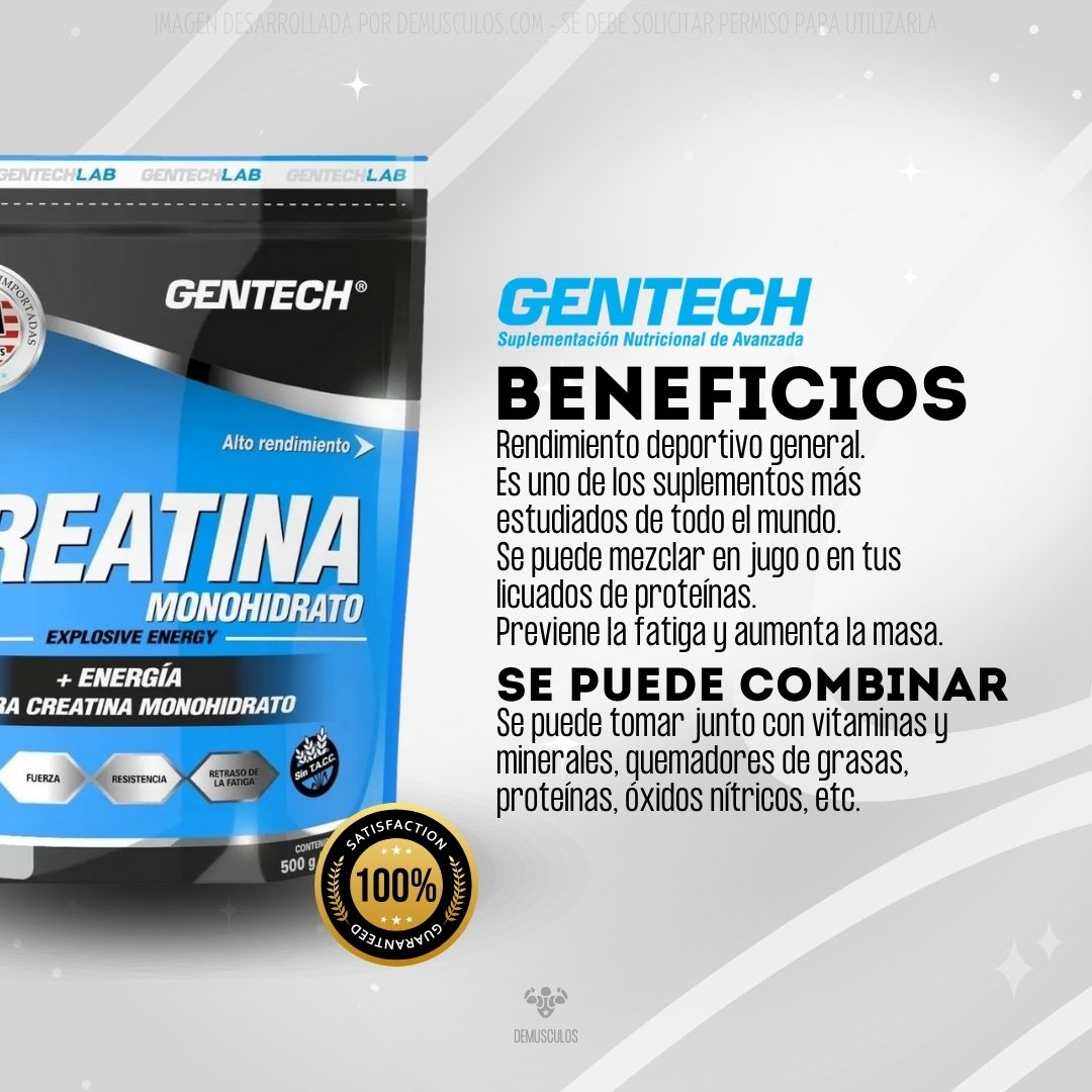 Creatina 500 grs (100 tomas) de Gentech. Monohidrato y sin sabor.