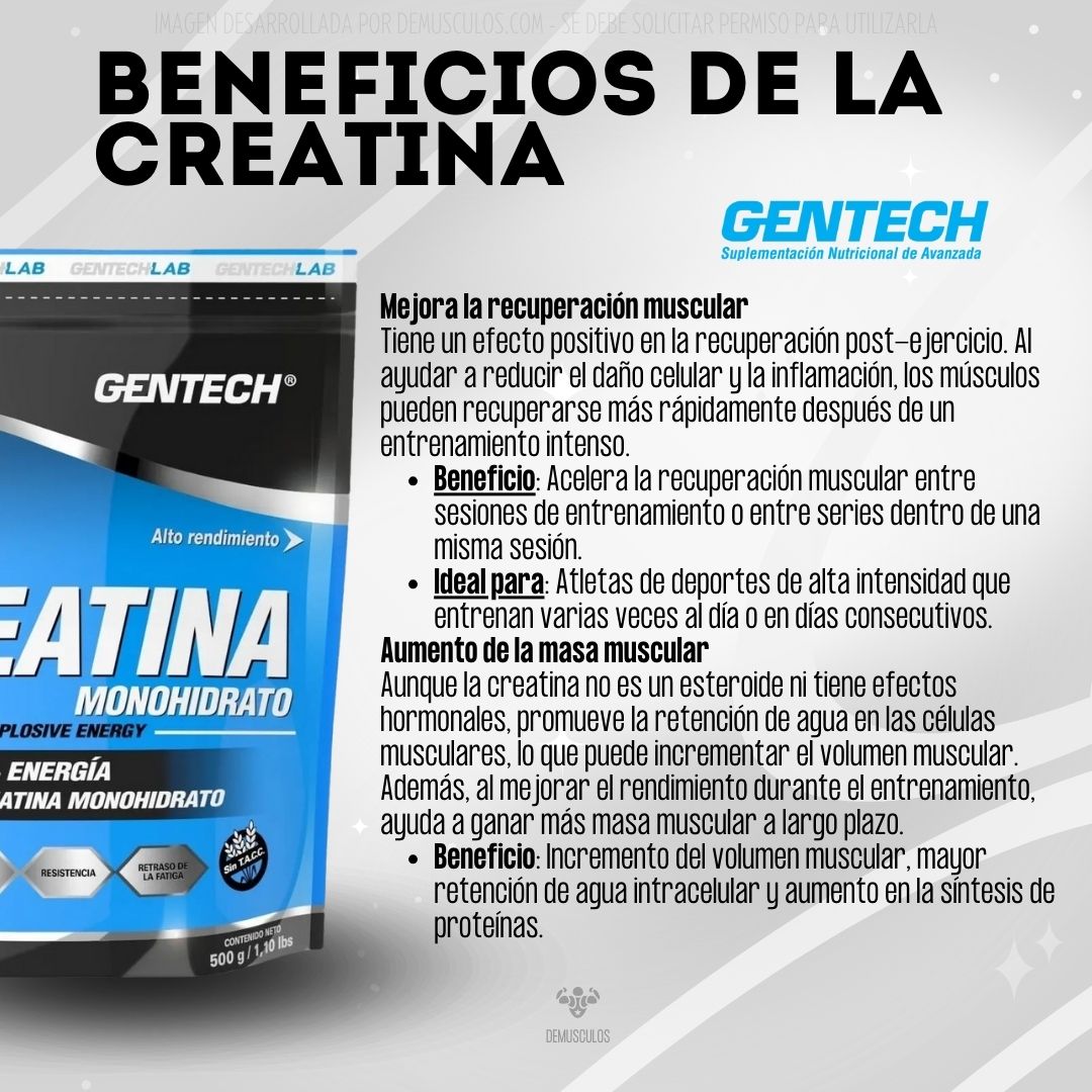 Creatina 500 grs (100 tomas) de Gentech. Monohidrato y sin sabor.