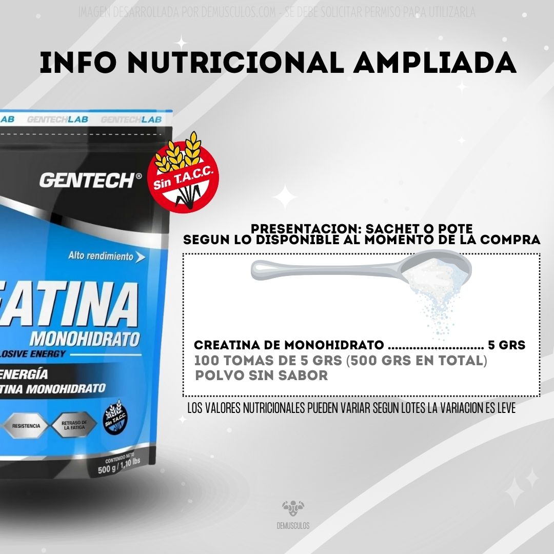 Creatina 500 grs (100 tomas) de Gentech. Monohidrato y sin sabor.