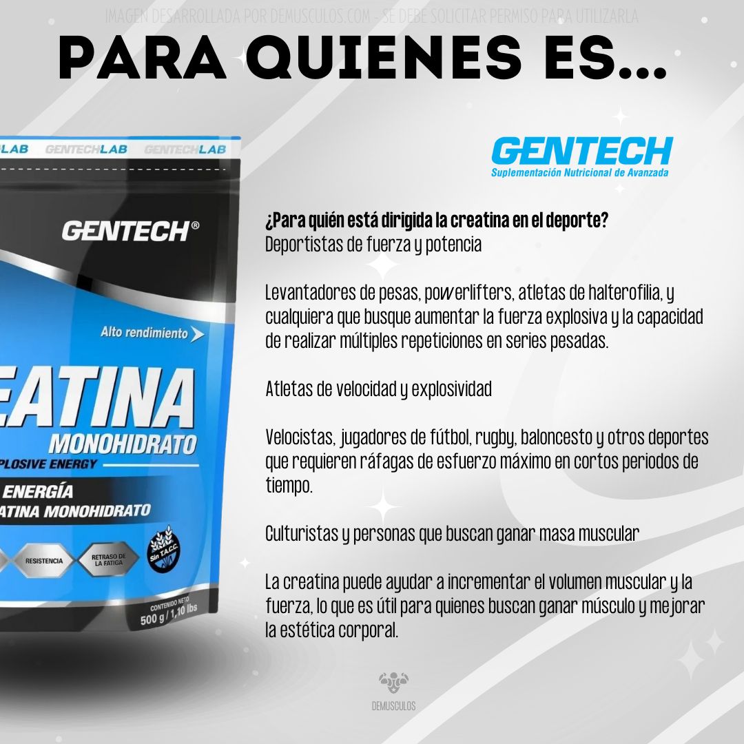 Creatina 500 grs (100 tomas) de Gentech. Monohidrato y sin sabor.