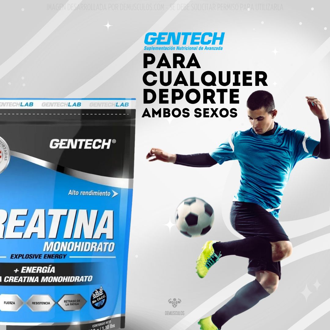 Creatina 500 grs (100 tomas) de Gentech. Monohidrato y sin sabor.