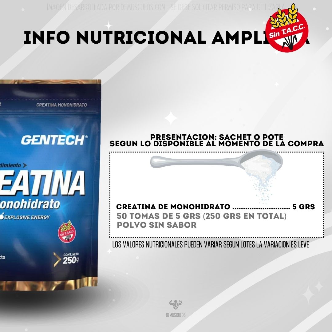 Creatuba de Monohidrato de Gentech x 250 gramos Micronizada y sin Tacc