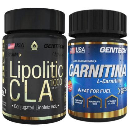 Combo para quemar grasas Gentech: Lipolitic Cla como regulador de metabolismo y Carnitina como quemador de grasas.