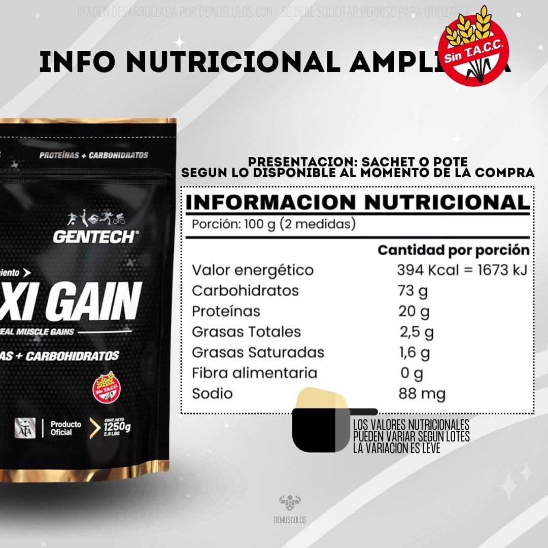 Ganado de masa muscular de Gentech x 1.25 kg - Información nutricional