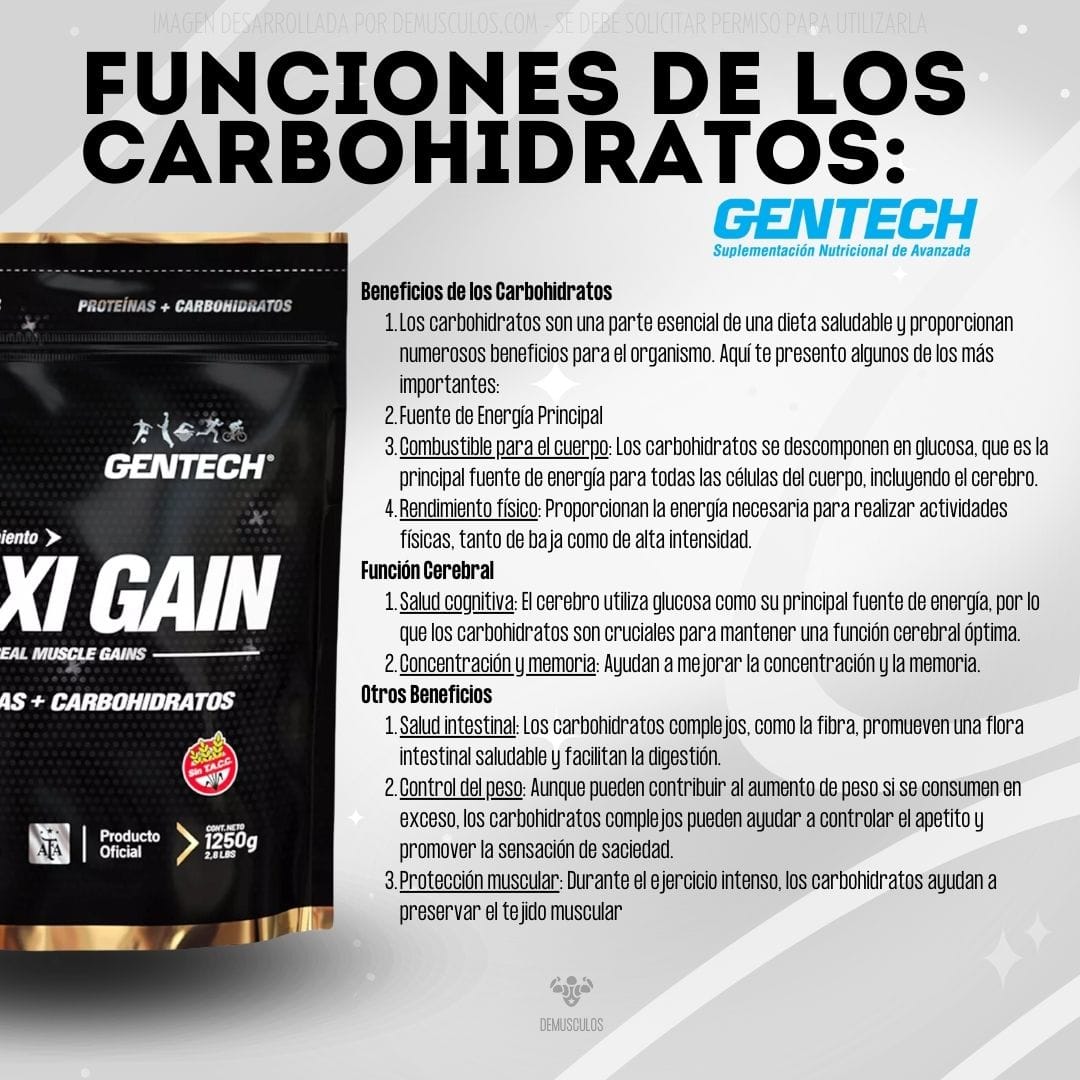 Ganado de masa muscular de Gentech x 1.25 kg - Funciones de los carbohidratos