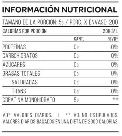 Creatina Star Nutrition. Información nutricional. 5 grs de Creatina x toma.