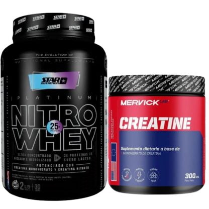 Combo ideal para masa muscular y rendimiento. Proteína Nitro Whey 2 Lbs de Star Nutrition + Creatina 300 grs de Mervick