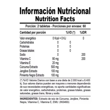 Curcuma y Jengibre de Genetic Sport x 120. Información Nutricional.